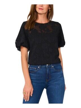 Vince Camuto Women's Floral-Jacquard Puff-Sleeve Top - Rich Black Size M